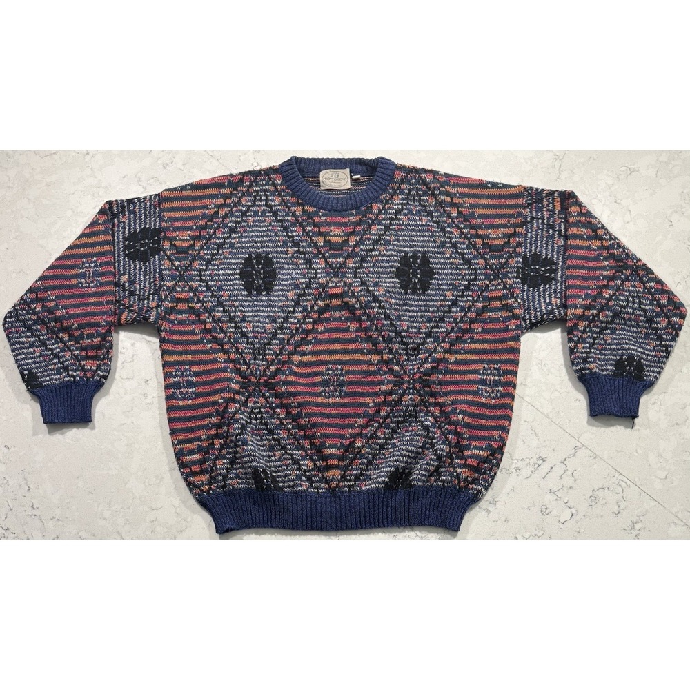 VTG Pronto Uomo Sweater Mens L Blue Geometric Knit Crewneck 90s Made In Italy